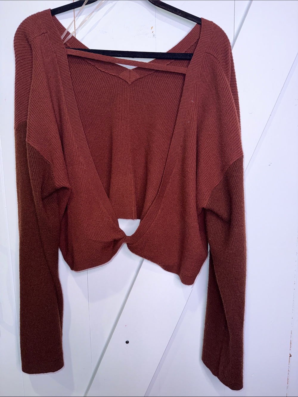 Preloved🤎 Flare sleeves. Rust Brown Twist-Open Back Knit Top